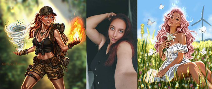 A triptych showing three female figures - a fantasy character wielding fire and a tornado, a real woman in a black top, and a pink-haired illustrated character in a flower field.