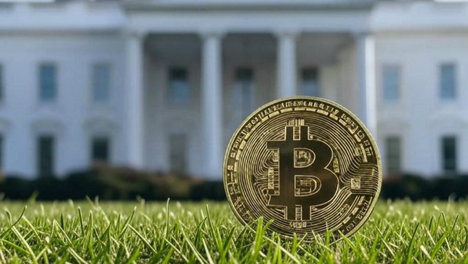 A gold Bitcoin token stands upright in the grass with the White House blurred in the background, symbolizing the upcoming crypto industry meeting at the executive residence as the Senate prepares to take up the Clarity Act.