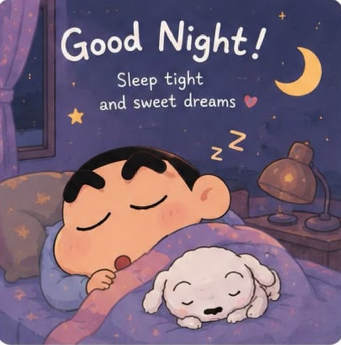 A cartoon-style illustration of a sleeping boy with his white puppy under a blanket, with the text 'Good Night! Sleep tight and sweet dreams' and a crescent moon in the night sky.