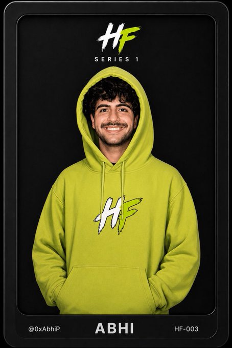 This is a digital collectible card for "Abhi" with the username "@0xAbhiP" and item number "HF-003", featuring the "HF Series 1" logo and a person wearing a lime green hoodie with the same logo. The post highlights Abhi's success in generating high volume, implying this card represents his achievement.