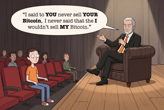The image features an animated cartoon scene with a man sitting in a chair while another man stands behind him talking to him, as if they are having a conversation. The man standing up appears to be a character from the cartoon, possibly a salesman or a friend trying to sell Bitcoin to the other man who is seated on a couch.

The cartoon also includes text that reads "I said to you never sell your Bitcoin. I never said that the E.W.S. would sell my Bitcoin." This part of the image adds humor and context to the scene, as it seems like the salesman is trying to make a joke about Bitcoin or challenge the idea of selling it.