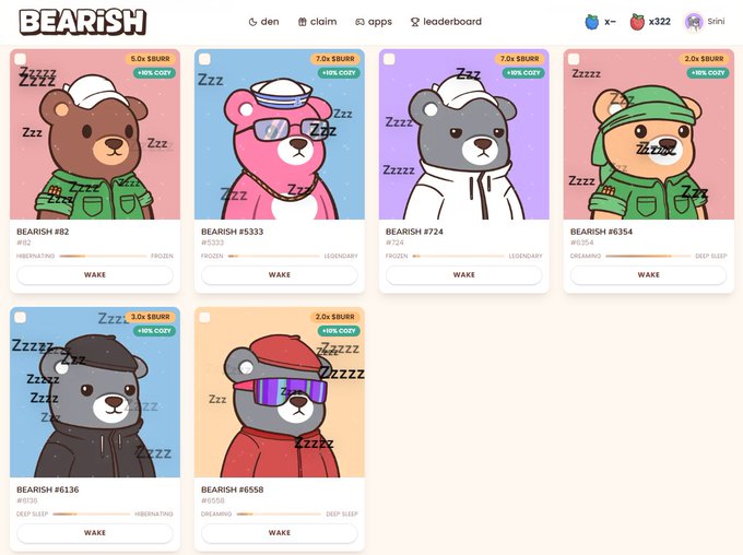 A screenshot of a website marketplace displaying various cartoon bear NFT collectibles titled 'BEARISH,' featuring sleeping bears with different outfits and attributes, each with a 'WAKE' button and prices shown in '$BURR' currency.