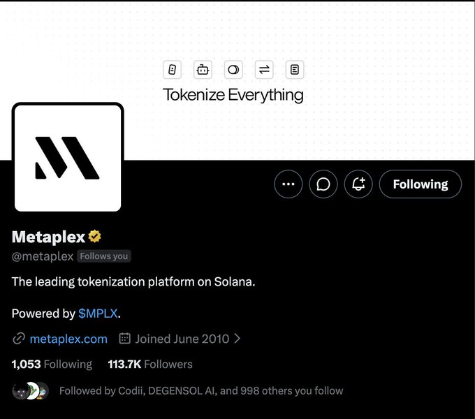 Twitter/X profile page for Metaplex (@metaplex), described as 'The leading tokenization platform on Solana,' powered by $MPLX, with 113.7K followers.