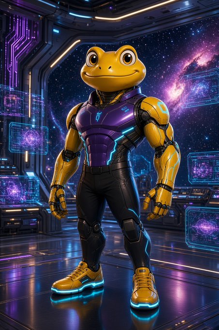 A 3D-rendered humanoid frog character wearing yellow and purple armor with glowing cyan accents, standing in a futuristic sci-fi environment with space and nebula views.