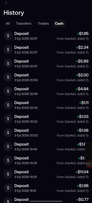 The image shows a cryptocurrency transaction history screen displaying multiple small USDC deposits (ranging from $0.77 to $5.89) received from a single wallet address (0xb4e0...6cdb5) on 3 Eyl 2026, illustrating the passive income earned from holding the $ROBINCAT token. The frequent small deposits to the user's wallet visually support the claim that simply holding the token generates continuous rewards.