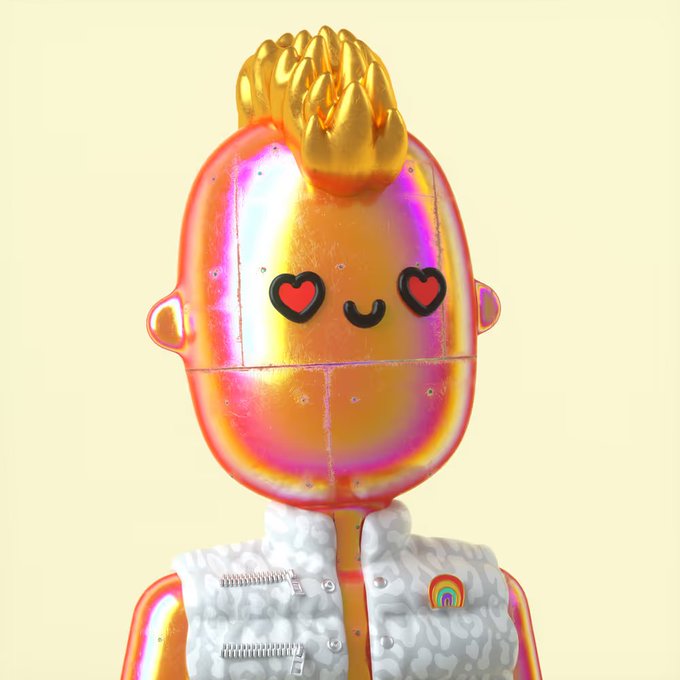 A 3D rendered character with a shiny, iridescent orange head, heart-shaped eyes, and a gold mohawk, wearing a textured white vest with a rainbow pin.