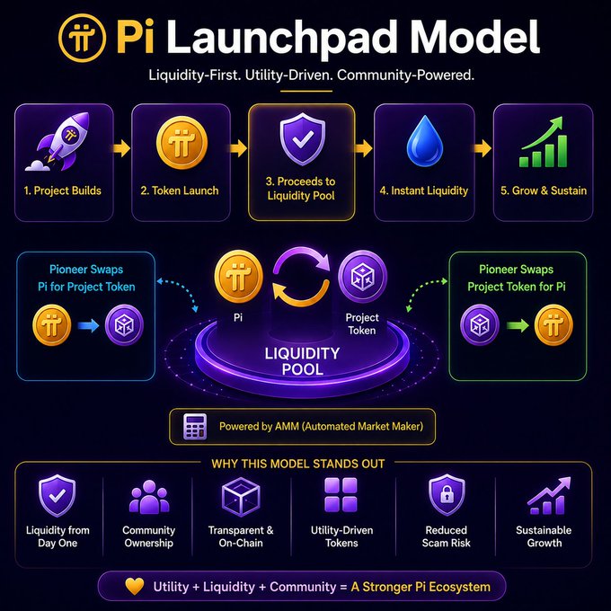 A promotional graphic for the 'Pi Launchpad Model' detailing a 5-step process (Project Builds, Token Launch, Proceeds to Liquidity Pool, Instant Liquidity, Grow & Sustain) powered by AMM, with benefits like Liquidity from Day One and Community Ownership.