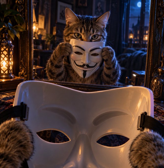 A tabby cat holds a Guy Fawkes mask in front of its face while looking into a mirror, with another white mask resting in front.