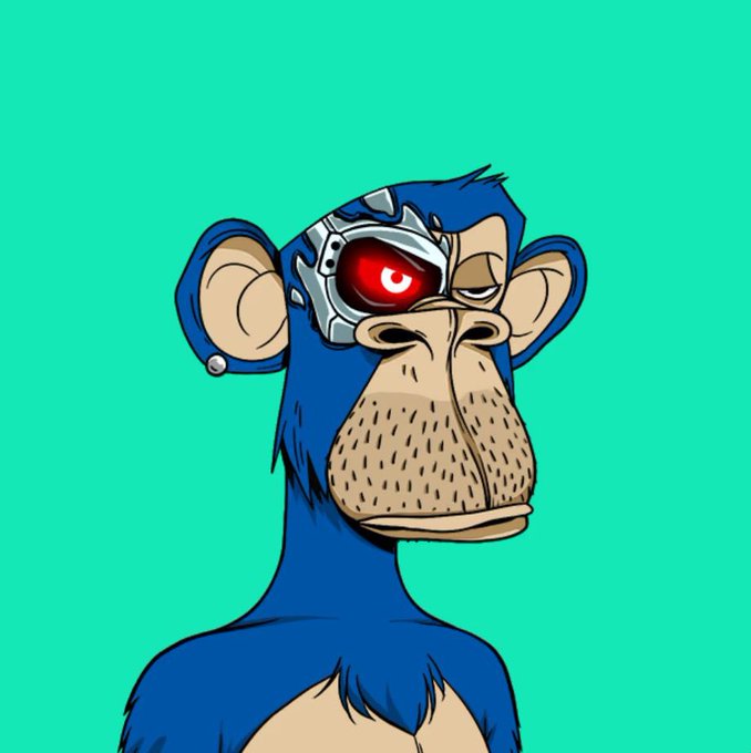 A cartoon illustration of a blue monkey with a serious expression, featuring a red cybernetic eye and a metallic plate covering part of its head, set against a bright teal background.