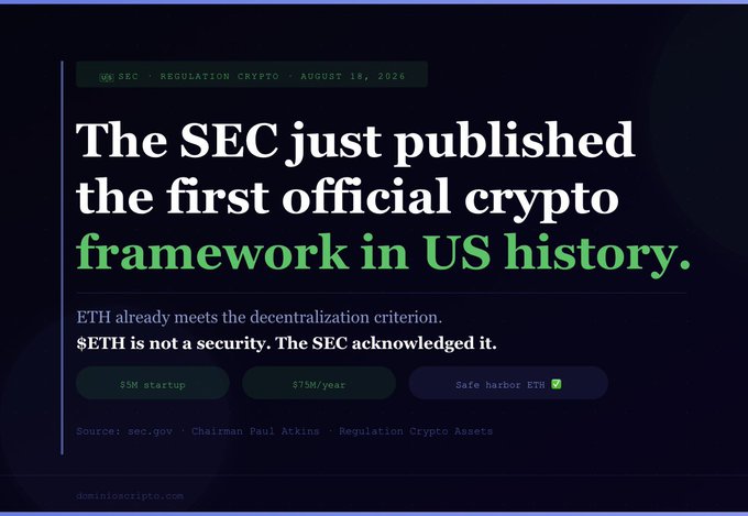 Graphic from dominioscripto.com claiming 'The SEC just published the first official crypto framework in US history,' stating $ETH is not a security, dated August 18, 2026.