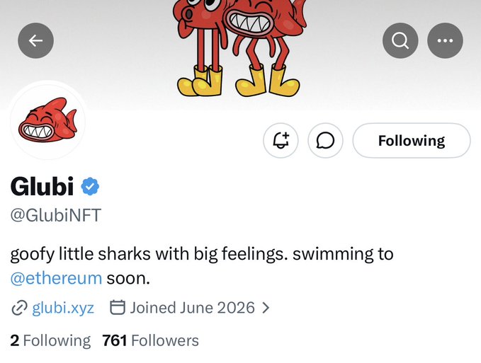 The image shows a Twitter/X profile for "Glubi" (@GlubiNFT), featuring a cartoon red shark with a wide toothy grin as both the profile picture and banner art. The bio reads "goofy little sharks with big feelings. swimming to @ethereum soon," with the account having 761 followers, 2 following, and joining in June 2026, matching the early NFT promotion with a planned Ethereum launch.