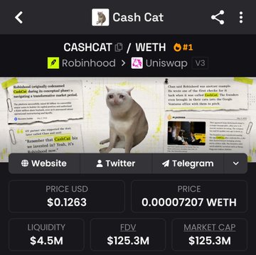 A mobile screenshot of the Cash Cat ($CASHCAT) token page on a DEX tracker, showing a price of $0.1263, market cap of $125.3M, liquidity of $4.5M, and a white cat image surrounded by news articles about Robinhood's UK launch. The image illustrates the poster's point about CASHCAT's $130M valuation, comparing it to the much smaller $DIH token (under $4M) to highlight the stark market cap gap between the two meme coins.