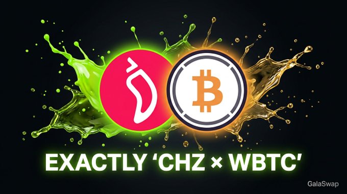 The image displays the logos of two cryptocurrencies, a pink one resembling a soda bottle for CHZ and the iconic orange Bitcoin "₿" symbol, set against a black background with vibrant green and orange paint splashes. The text "EXACTLY 'CHZ x WBTC'" appears prominently below, promoting the GCHZ/GWBTC liquidity pool on GalaSwap.