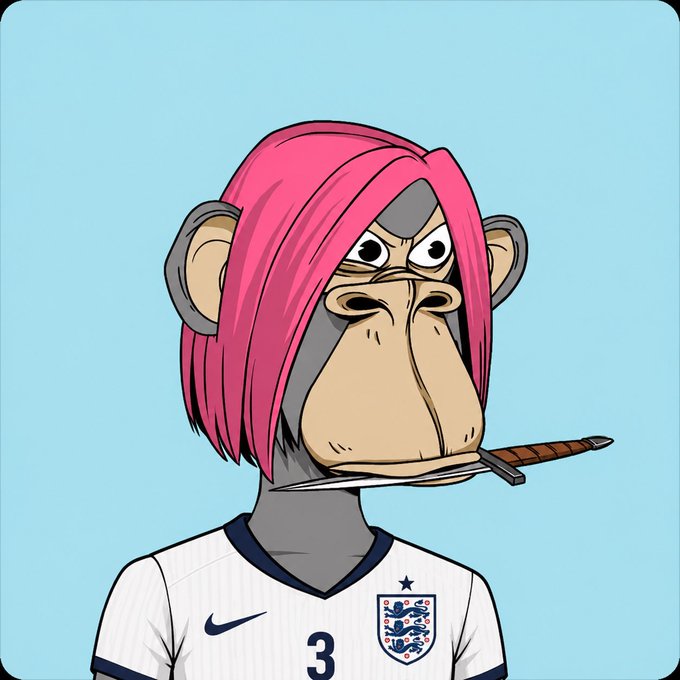 A cartoon illustration of a monkey character with a pink bob haircut, holding a sword in its mouth, wearing a white England national football team jersey with the number 3 and a Nike logo.
