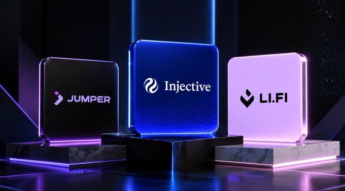 A 3D graphic displaying illuminated logos for 'Jumper', 'Injective', and 'LI.FI' on dark platforms against a blue background.