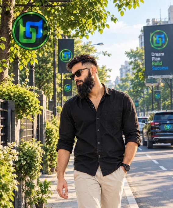 A bearded man wearing sunglasses and a black shirt walks down a sunny street lined with trees and billboards displaying the 'Dream Plan Build Success' logo.