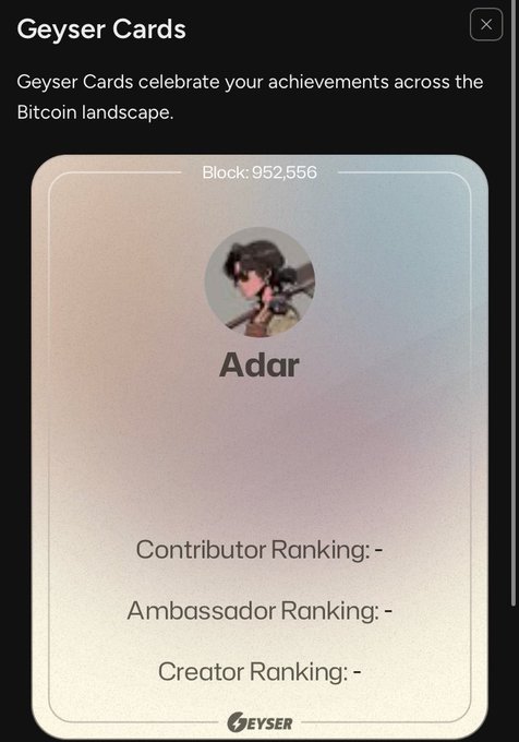 The image presents an invitation for users of the Geyser Cards app to join a Bitcoin project and celebrate their achievements, as well as to be recognized as a contributor, sponsor or creator. The main text in the image highlights the importance of the project and encourages users to participate actively by providing their link or card.