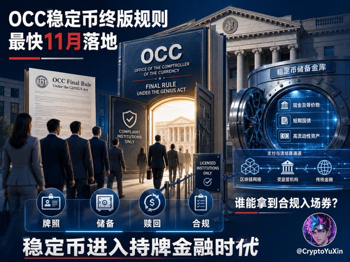 A digital infographic in Chinese announces "OCC稳定币终版规则 最快11月落地" (OCC Stablecoin Final Rules to Land as Early as November), depicting the U.S. Treasury/OCC building, businesspeople, and a bank vault symbolizing stablecoin reserves, with visual icons highlighting licensing (牌照), reserves (储备), redemption (赎回), and compliance (合规) requirements. A watermark shows "@CryptoYuXin." The image visually reinforces the post's message about the OCC's final GENIUS Act stablecoin rules potentially launching in November, marking the shift into a licensed financial era for stablecoins.