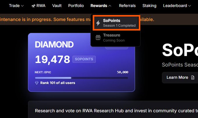 A screenshot of a trading platform showing a 'DIAMOND' tier with 19,478 SoPoints, rank 101 of all users, and an open 'Rewards' dropdown menu.