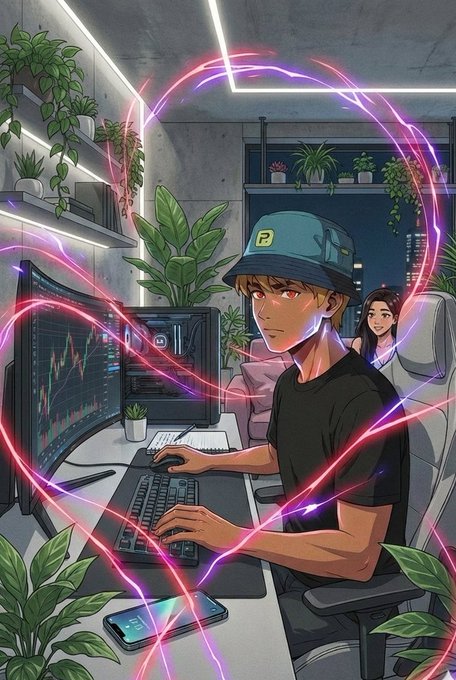 An anime-style digital illustration depicting a young man at a computer setup trading stocks, surrounded by glowing red and purple neon heart shapes.