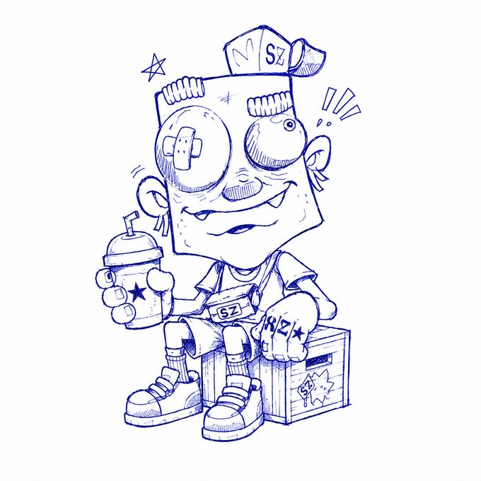 A blue ink cartoon illustration of a character with large eyes, wearing a cap labeled 'SZ', holding a cup, and sitting on a box with 'SZ' markings.