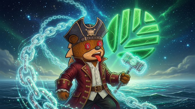 A pirate teddy bear with X's for eyes wields a glowing hammer in front of a cracked green leaf-like logo, surrounded by chains floating above the sea, while a starry cosmic backdrop frames the scene. The imagery playfully illustrates the post's message about breaking free from "crowded rails" — the chains and cracked logo symbolize legacy blockchains' limitations, and the hammer-wielding bear represents Canopy ($CNPY) as the tool to smash through them and spin up sovereign chains.