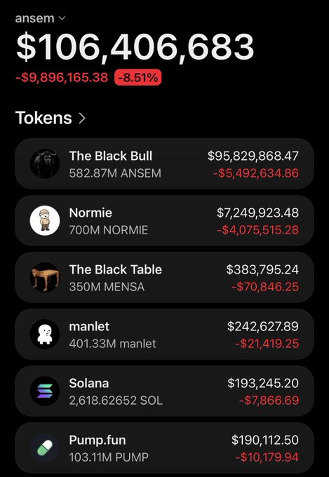 A dark-themed portfolio app screen showing the 'ansem' account with a total of $106,406,683 (-$9,896,165.38, -8.51%), listing tokens including The Black Bull (582.87M ANSEL), Normie (700M NORMIE), The Black Table (350M MENSA), manlet (401.33M manlet), Solana (2,618.62652 SOL), and Pump.fun (103.11M PUMP).