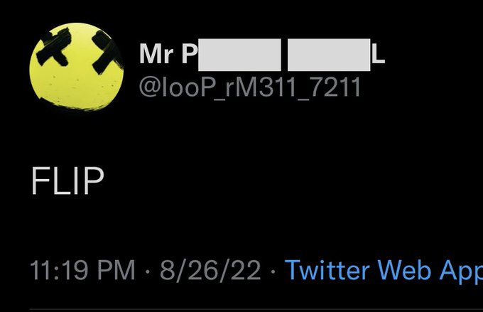 A tweet from user @looP_rM311_7211 (Mr P___L) displaying the profile picture of a yellow smiley with X eyes, posted at 11:19 PM on 8/26/22 via Twitter Web App, with the simple message "FLIP" — seemingly referencing the cryptocurrency XRP in the accompanying post about flipping or resetting a switch.