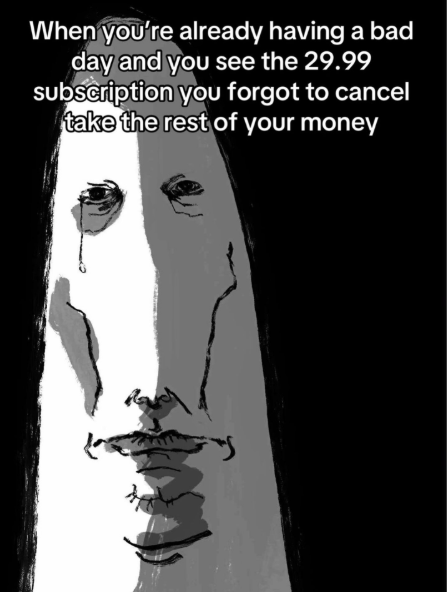 A black-and-white illustration of a crying, distorted face with text reading: "When you're already having a bad day and you see the 29.99 subscription you forgot to cancel take the rest of your money".