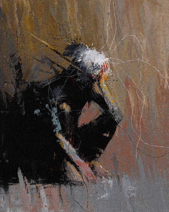 A dark, expressionistic painting depicts a hunched figure rendered in black with a white head, surrounded by chaotic splatters, scratches, and thin tendrils of paint against a textured brown and rust-colored background.