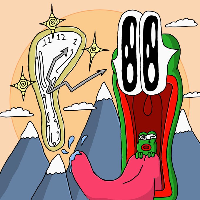 A surreal digital illustration with a melting clock, star shapes, mountains, and a red and green form with large cartoonish eyes and a small green face with lips.