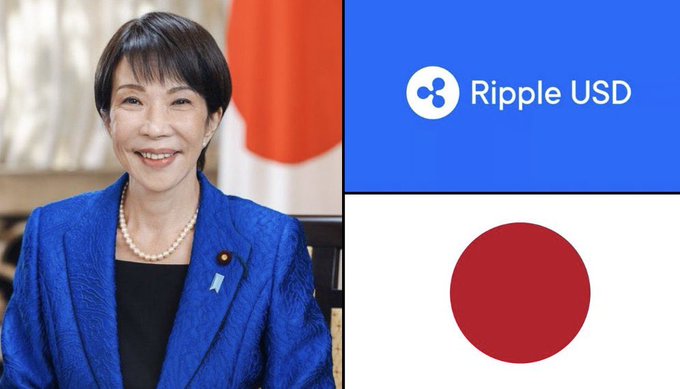 This image shows Ripple's stablecoin logo and "Ripple USD" next to a photo of Japanese politician Sanae Takaichi and the Japanese flag, symbolizing the approval of $RLUSD in Japan.