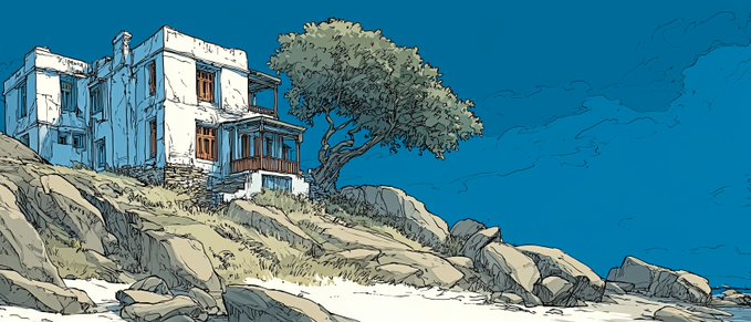 An illustrated scene of a weathered white Mediterranean-style house with a large tree, set on a rocky coastline under a clear blue sky.