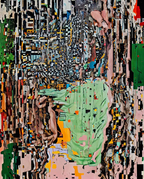 A glitch-art style image featuring distorted, pixelated figures, with a prominent green shirt-clad figure in the foreground amidst fragmented, colorful digital artifacts.