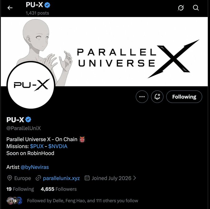 Twitter/X profile for PU-X (@ParallelUniX), a verified account with 1,431 posts and 4,655 followers based in Europe, banner reading 'Parallel Universe X', with bio: 'Parallel Universe X - On Chain Missions: $PUX - $NVIDIA Soon on RobinHood, Artist @byNeviras'.