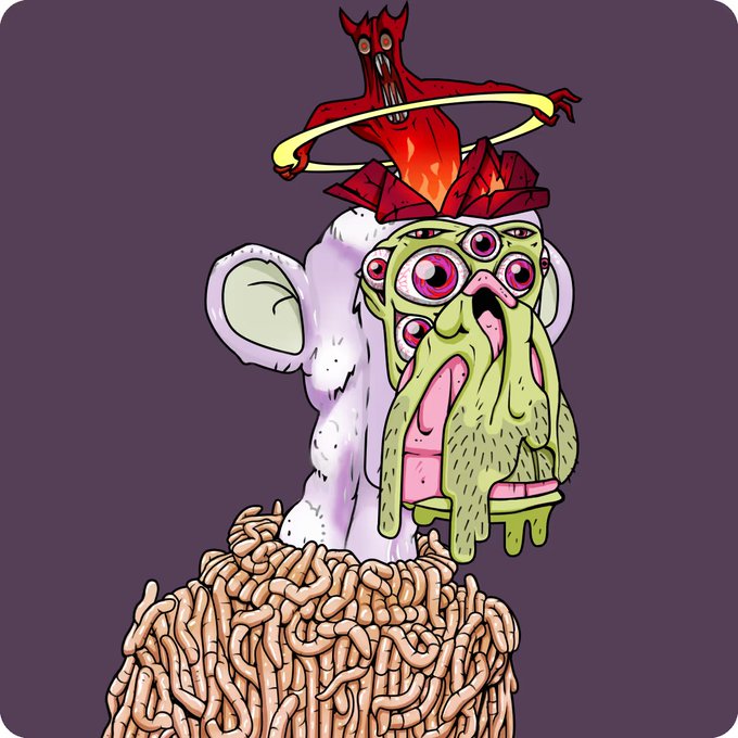 A grotesque cartoon ape character from the Mutant Ape Yacht Club (MAYC) collection, featuring green mutated skin, multiple pink eyes, and a red demonic creature emerging from its head, rises from a pile of worms. The illustration visually represents the NFT #MAYC3904 mentioned in the post, showcasing its distinctive mutated traits that define this particular digital collectible in the Bored Ape ecosystem.