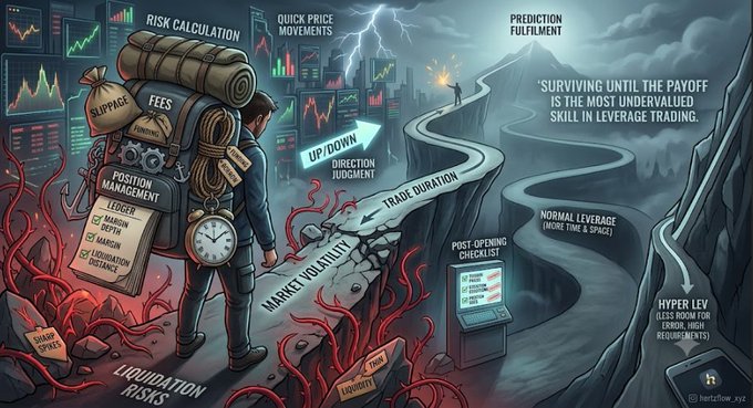 A digital illustration depicting a trader burdened with risk management items like 'slippage', 'fees', and 'leverage', standing on a cliff edge with labels 'market volatility', 'trade duration', and 'direction judgment', with the quote 'SURVIVING UNTIL THE PAYOFF IS THE MOST UNDERVALUED SKILL IN LEVERAGE TRADING.'