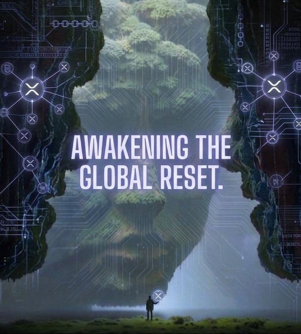 A digital artwork showing a giant face formed from mossy cliffs surrounded by a circuit board pattern with XRP logos, with a small figure standing below and text reading 'AWAKENING THE GLOBAL RESET.'