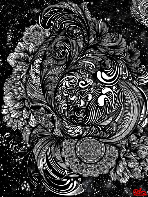 Intricate black and white psychedelic illustration featuring swirling paisley patterns, floral motifs, and mandalas set against a starry cosmic background.