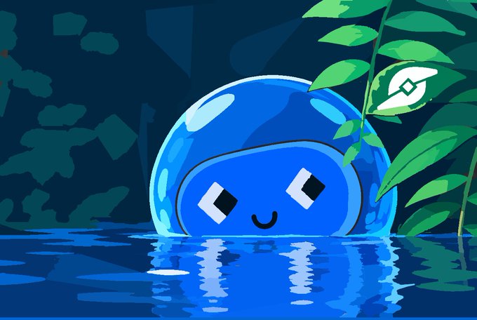 A cute blue slime-like creature with diamond-shaped eyes and a small smile peeks out of water, with green leaves and a symbol visible in the background.