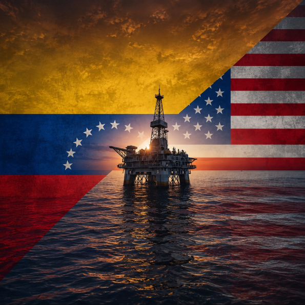 An offshore oil rig silhouetted against a dramatic sunset, overlaid with the combined flags of Venezuela and the United States.