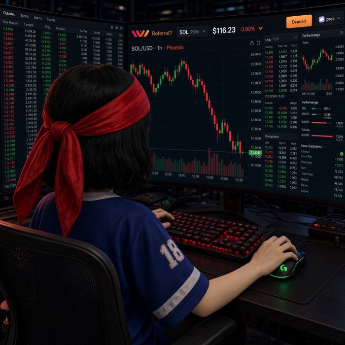 A person with a red headband and blue jersey with the number 18 sits at a multi-monitor trading setup showing cryptocurrency charts, including a SOL/USD chart on the Phoenix exchange with a price of $116.23 (-3.80%).