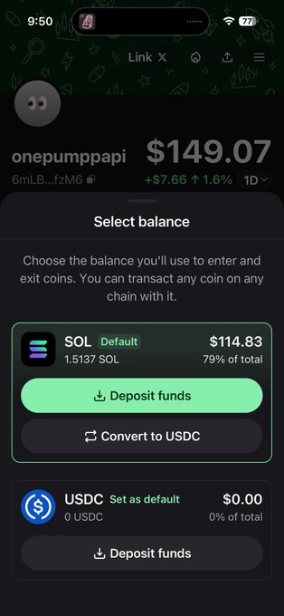 A mobile app screenshot showing a portfolio balance of $149.07 for user 'onepumppapi', with options to deposit funds or convert to USDC for the SOL balance.