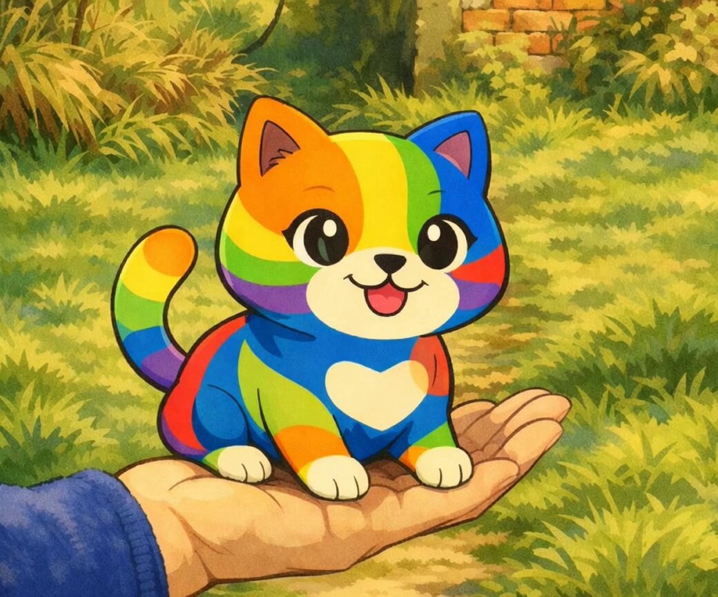 The image features a hand holding a cat that has rainbow colors, including blue, orange, green, yellow, and red. The cat appears to be sitting on someone's palm or shoulder. The background of the image shows a grassy area with some trees visible in the distance. The caption for this image reads: "0.2 SOL in 6 hours ~~~ Like + RT @colorsxsolana Drop your SOL wallet".
