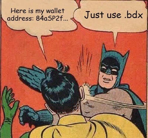 A vintage comic panel showing Batman slapping Robin, with speech bubbles reading 'Here is my wallet address: 84aSP2f...' and 'Just use .bdx'.