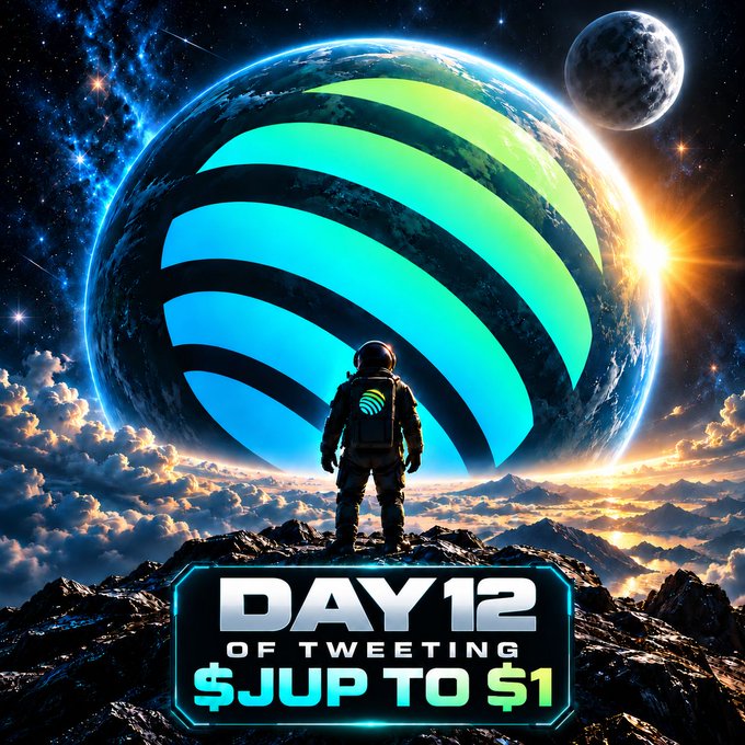 A digital art illustration showing an astronaut standing on a rocky peak looking at a planet with the Jupiter ($JUP) cryptocurrency logo overlaid, with the text 'DAY 12 OF TWEETING $JUP TO $1'.