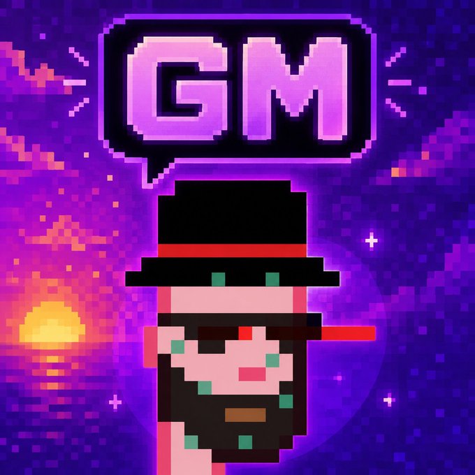 Pixel art illustration of a bearded man in a black top hat with a red band, set against a purple cosmic background with a speech bubble displaying the text 'GM'.