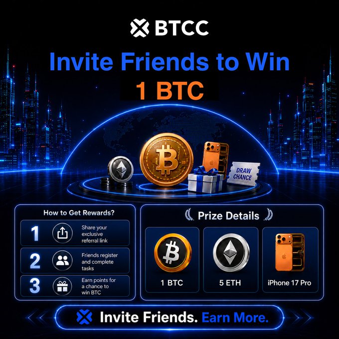 The image features a blue background with a city skyline, including buildings of various sizes and shapes. The text "btcc.com/en-US/market-e" appears at the top of the image. Below this, there are three different types of Bitcoin coins displayed in a circular arrangement, each accompanied by an orange coin. The coins are labeled with numbers 1 through 3. In addition to the coins, there is also text that reads "Invite friends to win 1 BTC".