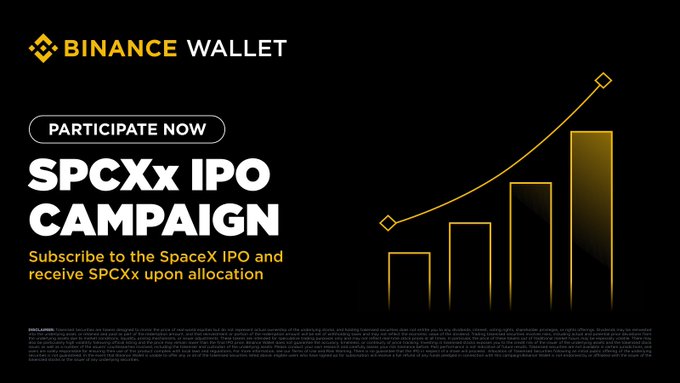 The image shows a promotional banner for a campaign at Binance Wallet. It features an infographic with various data charts and bar graphs, likely representing the progress of the SPCXx IPO Campaign. In the bottom right corner, there's text informing people about their last chance to sign up for the campaign before it expires on June 12th. The purpose is to encourage users to participate in this opportunity by making a cryptocurrency investment with Bitcoin Wallet and receiving the relevant tokenized securities as part of the ICO.