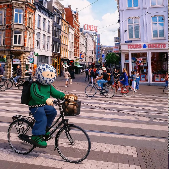 A street scene in a European city features a person in a green jacket and blue jeans riding a bicycle with a stuffed monkey in the basket, passing by colorful buildings and other cyclists.